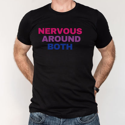 Black t-shirt with colorful text 'NERVOUS AROUND BOTH' worn by a person on a white background:Funny Bisexual Shirt; Subtle Bi Pride Tshirt; Discreet Bisexual Pride Punny Tee; LGBTQ Pride Outfit; Bisexual Flag LGBT Clothing