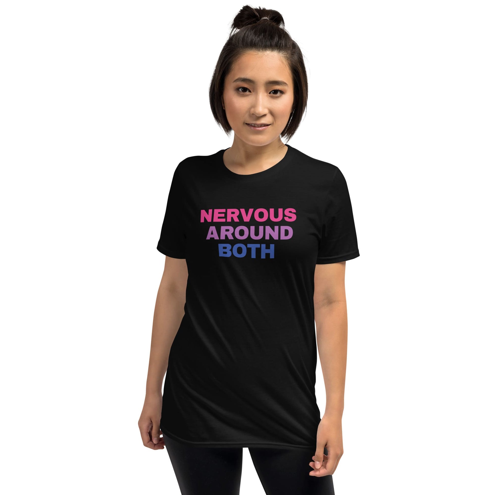Person wearing a black t-shirt with colorful text on a white background: Funny Bisexual Shirt; Subtle Bi Pride Tshirt; Discreet Bisexual Pride Punny Tee; LGBTQ Pride Outfit; Bisexual Flag LGBT Clothing