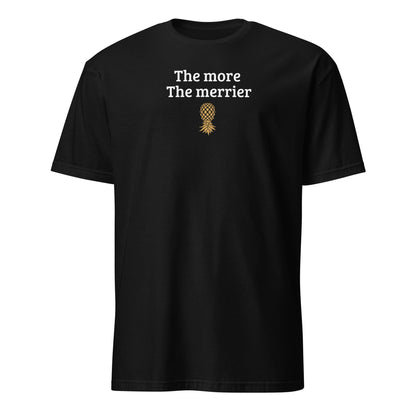 Black t-shirt with white text and gold pineapple graphic on a white background : Funny Swingers Shirt, Upside Down Pineapple Tee, Subtle Adult Humor T-Shirt, Fun Hotwife Tshirt, Gift For Swinging Non Monogamy Couples