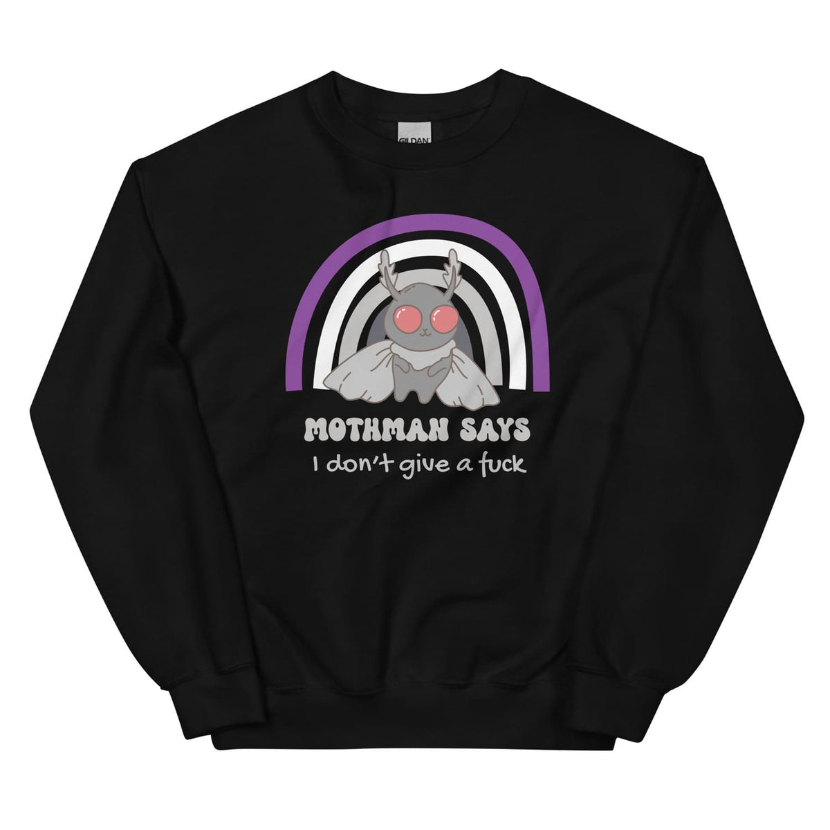 Black asexual sweatshirt with Mothman graphic and text on a white background