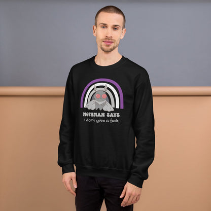 Person wearing a black asexual sweatshirt with a mothman design and text, standing against a plain background.