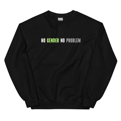 Black agender sweatshirt with 'NO GENDER NO PROBLEM' text on a white background