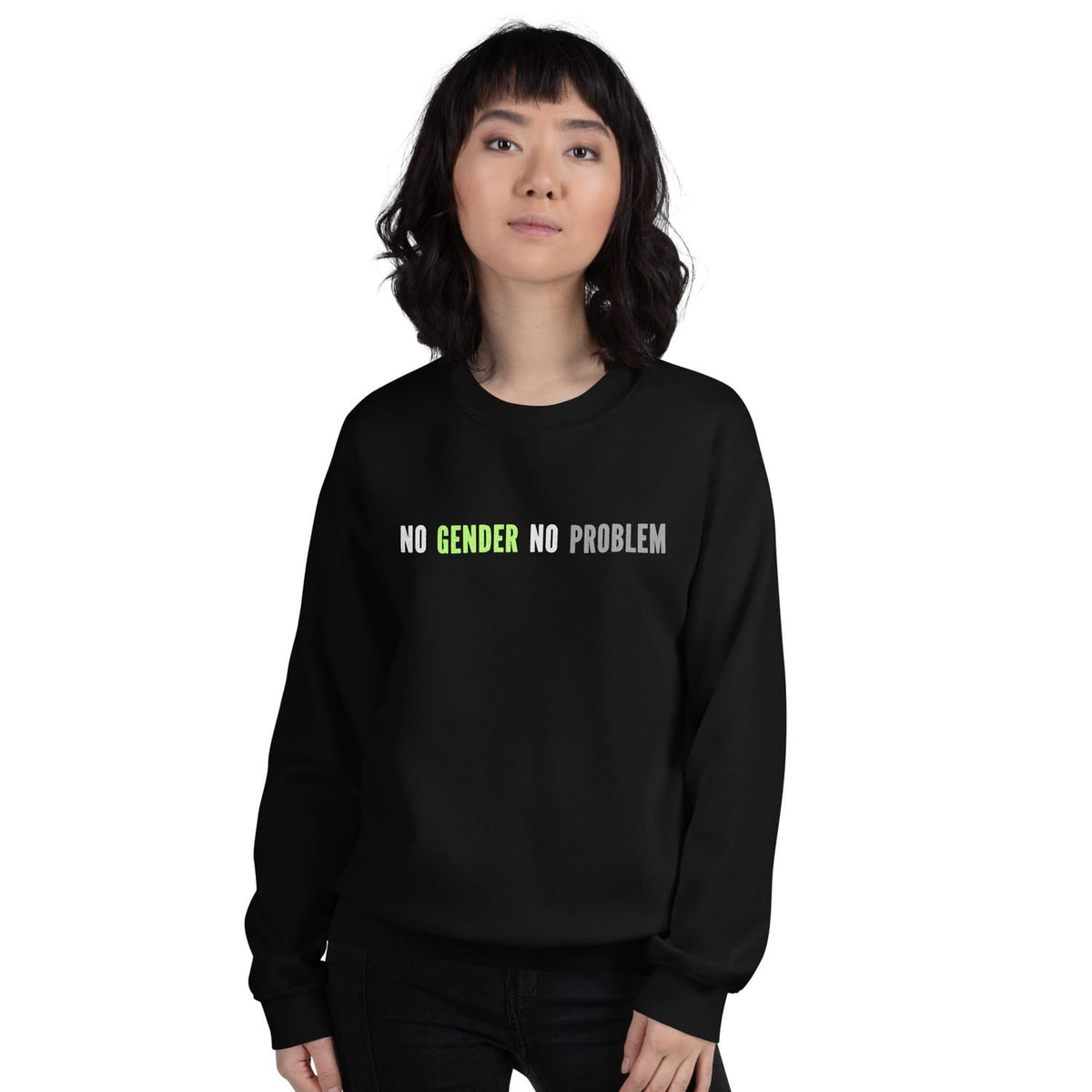 Person wearing a black agender sweatshirt with 'NO GENDER NO PROBLEM' text on a white background