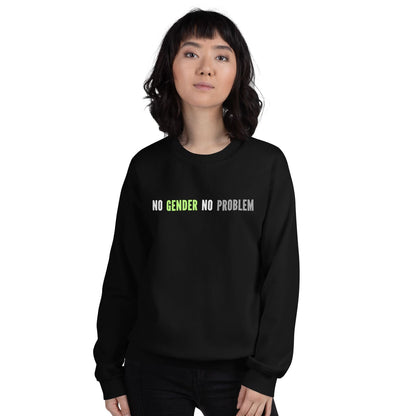 Person wearing a black agender sweatshirt with 'NO GENDER NO PROBLEM' text on a white background