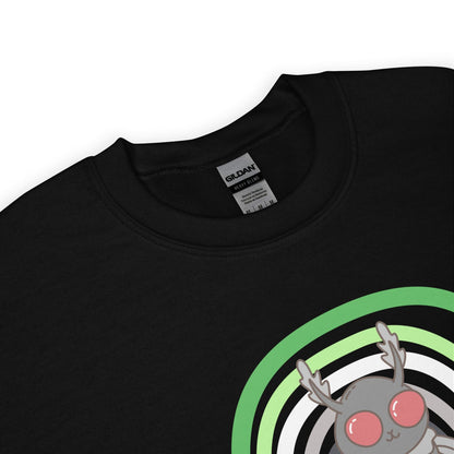 Black aromantic sweatshirt with mothman and colorful design on a white background