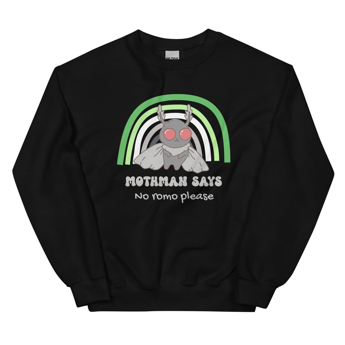Black aromantic sweatshirt with Mothman graphic and text on a white background