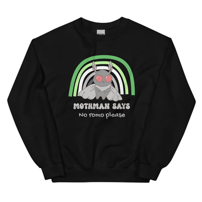 Black aromantic sweatshirt with Mothman graphic and text on a white background