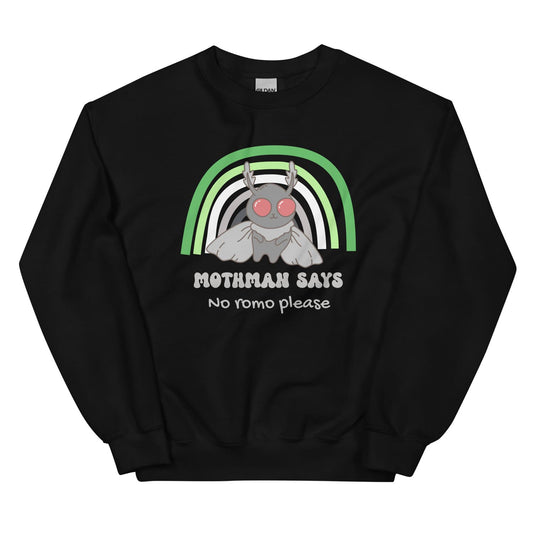 Black aromantic sweatshirt with Mothman graphic and text on a white background