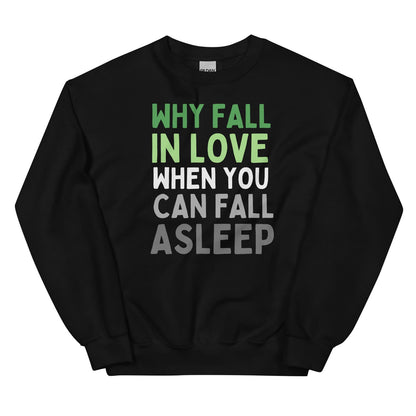 Black aromantic sweatshirt with humorous text design on a white background
