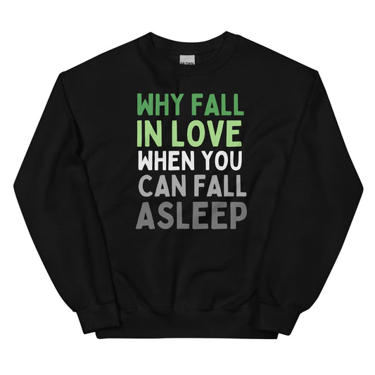 Black aromantic sweatshirt with humorous text design on a white background