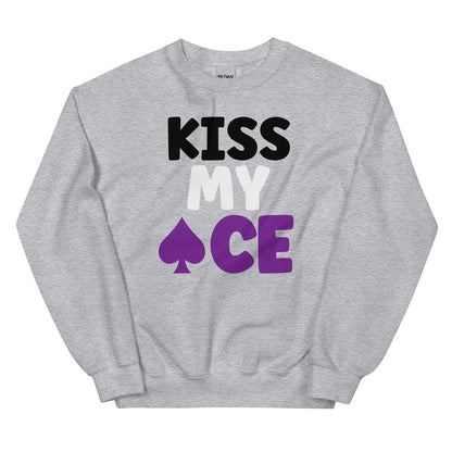Gray asexual sweatshirt with 'KISS MY ACE' text and purple spade symbol on a white background