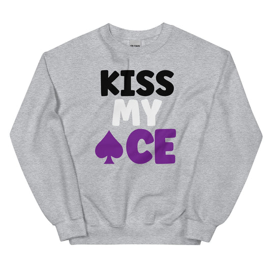 Gray asexual sweatshirt with 'KISS MY ACE' text and purple spade symbol on a white background
