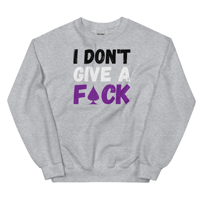 Gray asexual sweatshirt with text 'I Don't Give A F*ck' on a white background