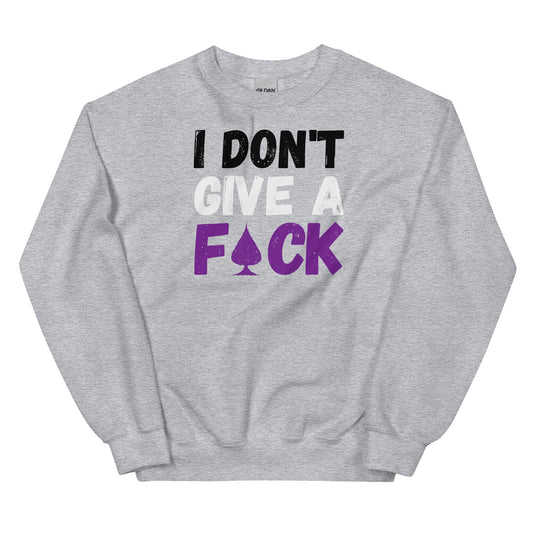 Gray asexual sweatshirt with text 'I Don't Give A F*ck' on a white background