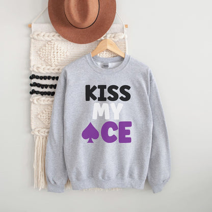 Gray asexual sweatshirt with 'KISS MY ACE' text on a white background