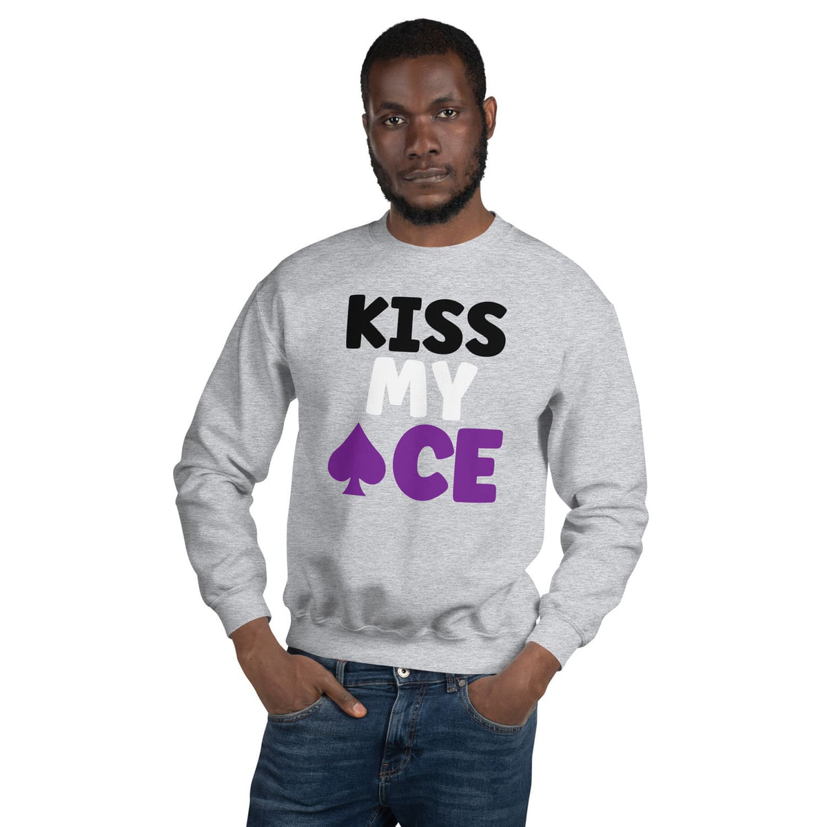 Man wearing a gray asexual sweatshirt with 'KISS MY ACE' text on a white background