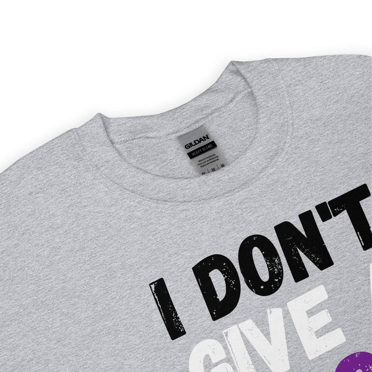 Gray asexual sweatshirt detail with 'I Don't Give A' text on a white background