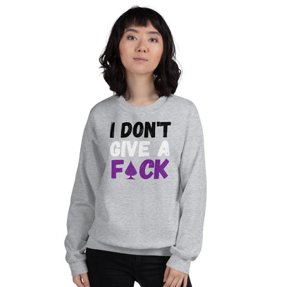 Person wearing a gray asexual sweatshirt with text 'I DON'T GIVE A F*CK' on a white background