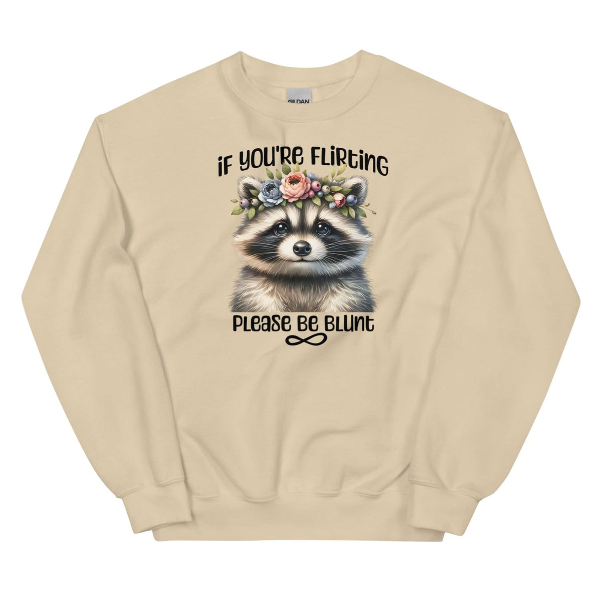 Beige funny autistic sweatshirt with a raccoon graphic and text on a white background