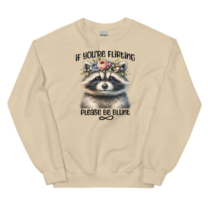Beige funny autistic sweatshirt with a raccoon graphic and text on a white background