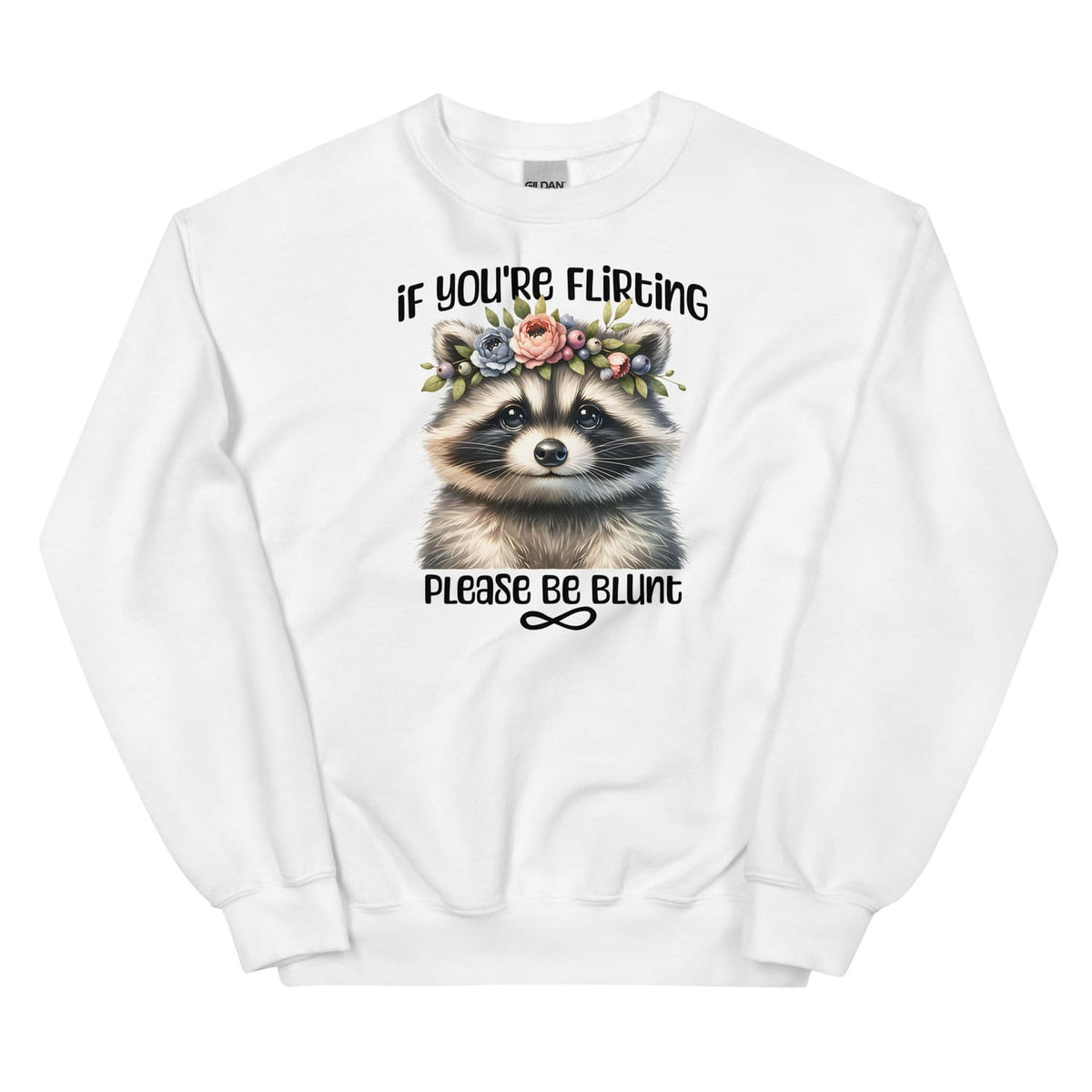 White funny autistic sweatshirt with a raccoon graphic and text on a white background
