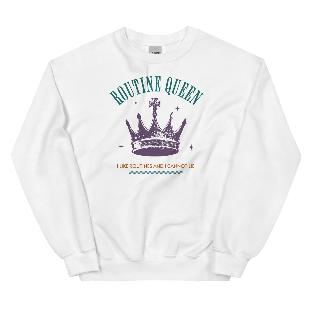 White sweatshirt with 'Routine Queen' graphic design on a white background