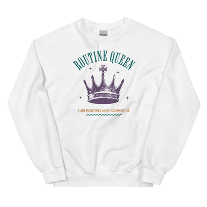 White sweatshirt with 'Routine Queen' graphic design on a white background