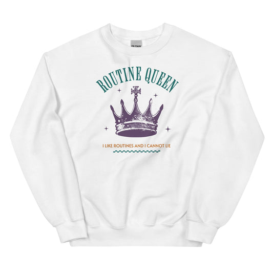 White sweatshirt with 'Routine Queen' graphic design on a white background