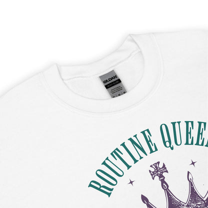 White sweatshirt with 'Routine Queen' text and crown graphic on a white background