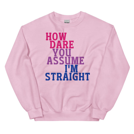 Pink bisexual sweatshirt with text 'HOW DARE YOU ASSUME I'M STRAIGHT' on a white background