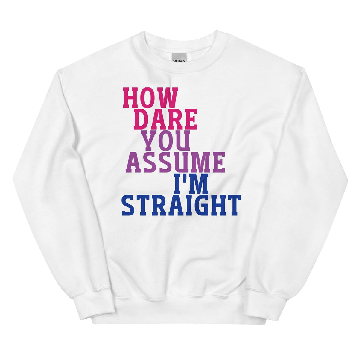 White bisexual sweatshirt with colorful text on a white background