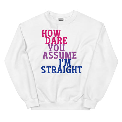 White bisexual sweatshirt with colorful text on a white background