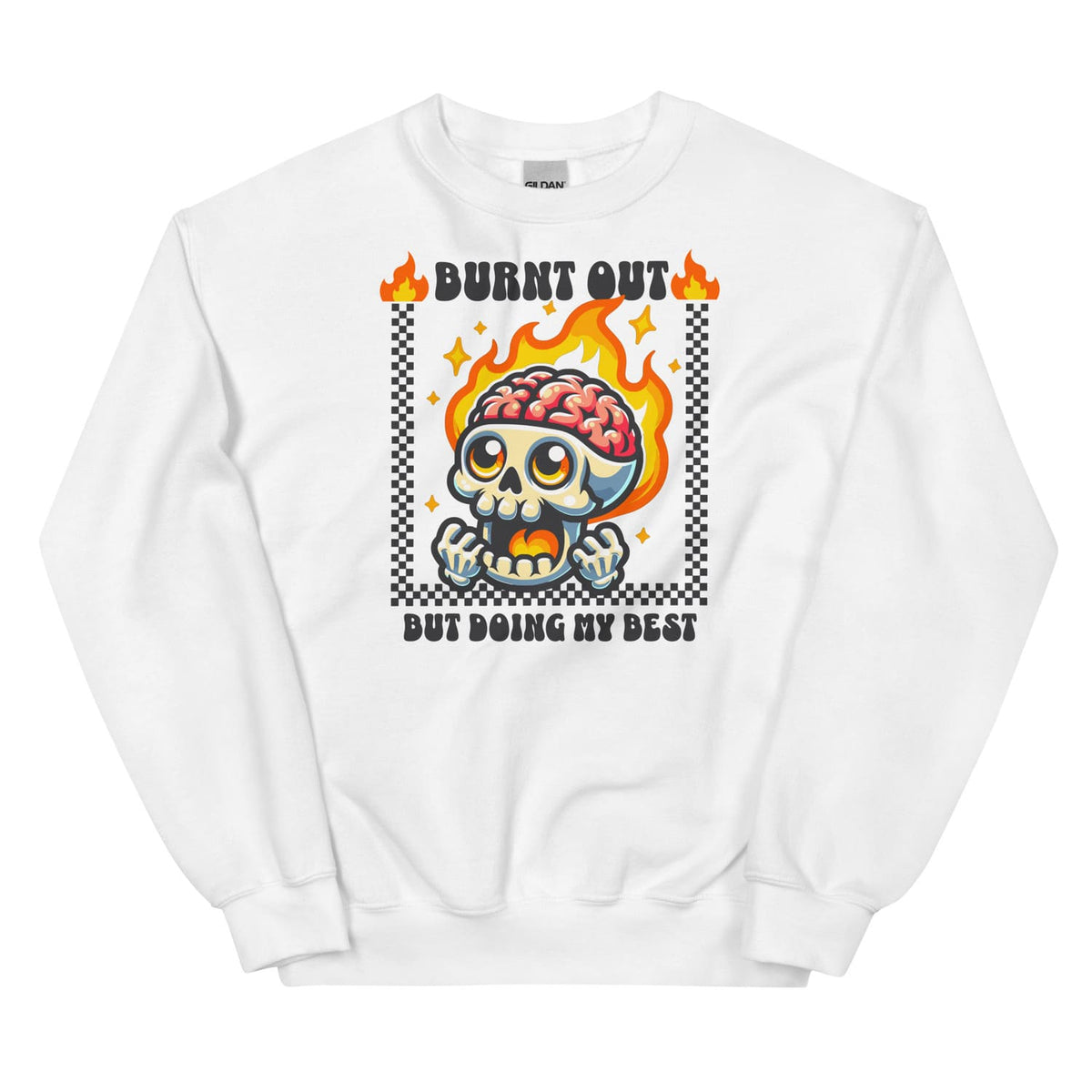 White burnout sweatshirt with a graphic design featuring a skull and brain on a white background