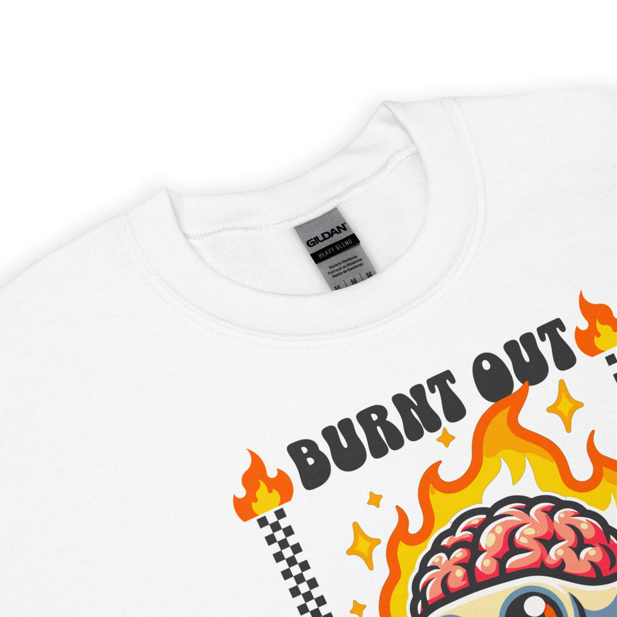 White sweatshirt with 'BURNED OUT' graphic design featuring flames and a brain on a white background.