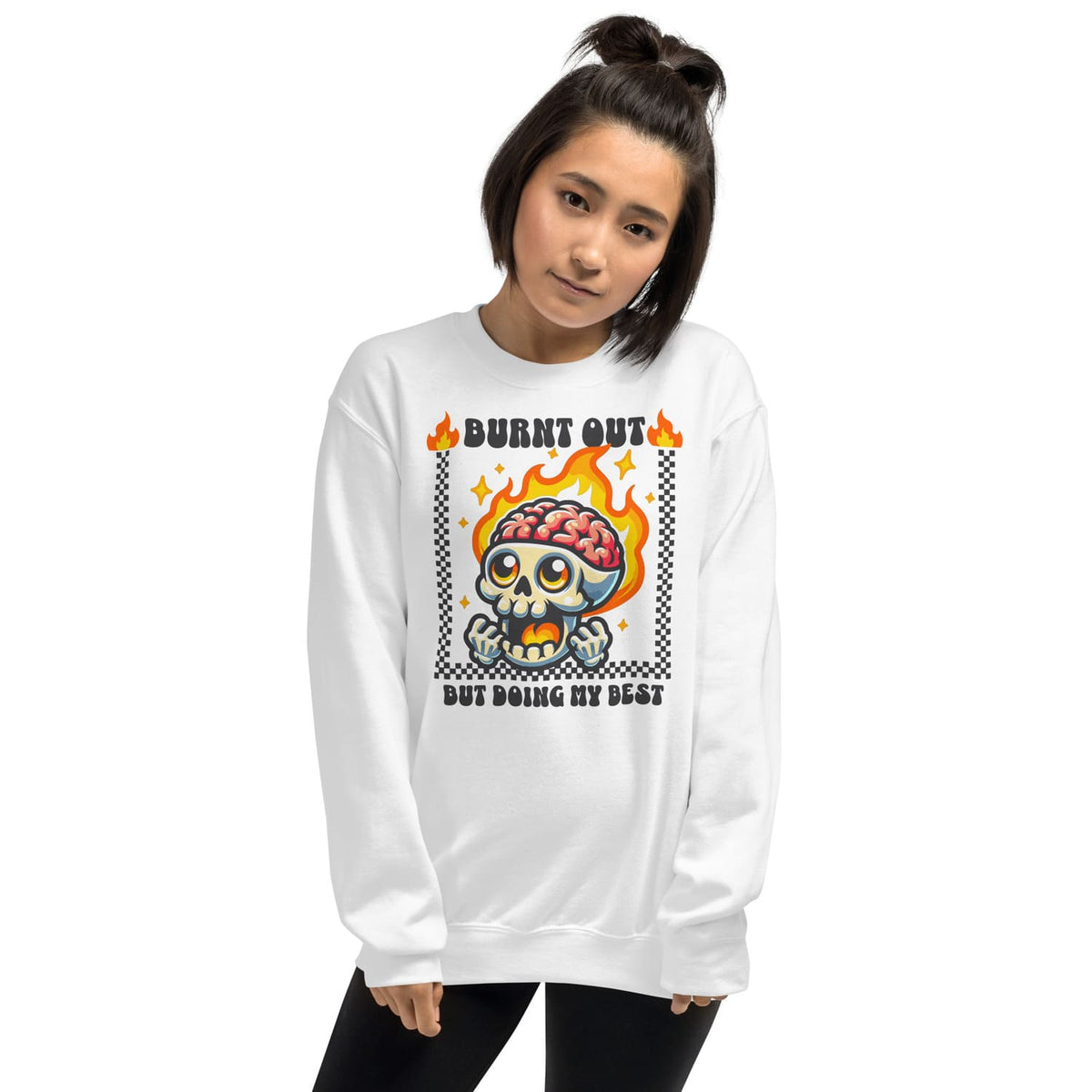 Person wearing a white burnout sweatshirt with a graphic design on a white background