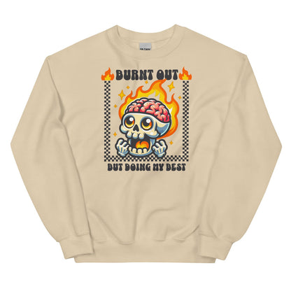 Beige burnout sweatshirt with a graphic design of a skull with flames and text on a white background