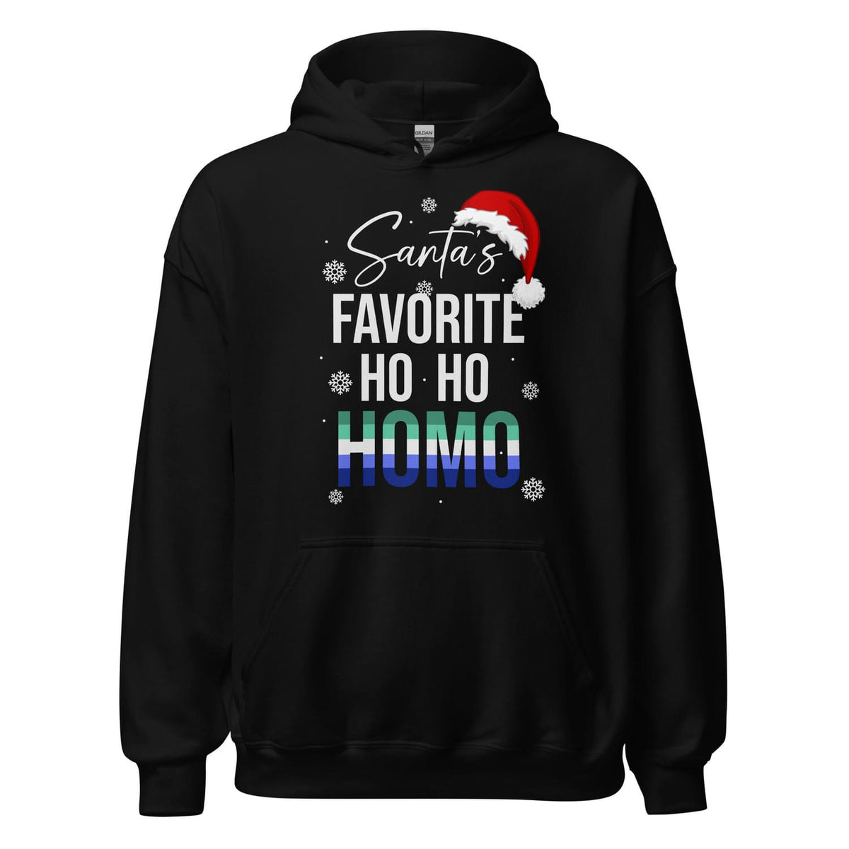 Black MLM gay christmas hoodie with 'Santa's Favorite Ho Ho Homo' text and Santa hat graphic on a white background