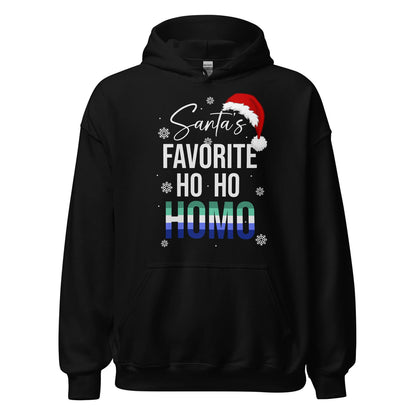 Black MLM gay christmas hoodie with 'Santa's Favorite Ho Ho Homo' text and Santa hat graphic on a white background