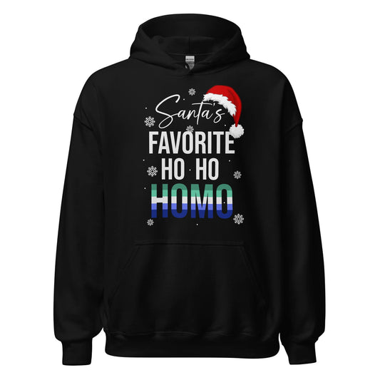 Black MLM gay christmas hoodie with 'Santa's Favorite Ho Ho Homo' text and Santa hat graphic on a white background