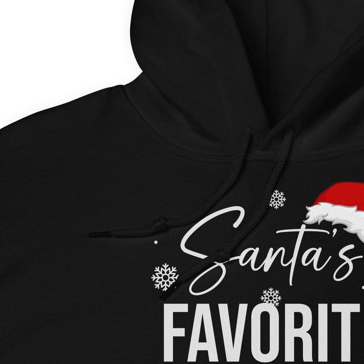 Black MLM gay christmas hoodie with 'Santa's Favorite' text and Santa hat graphic on a white background