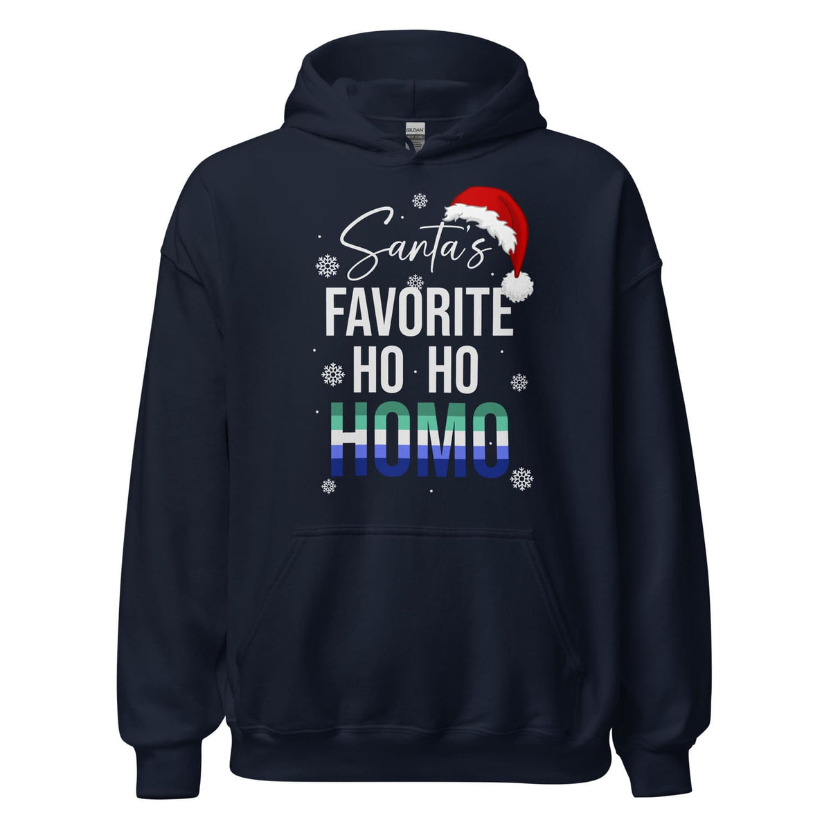 Navy MLM gay christmas hoodie with 'Santa's Favorite Ho Ho Homo' text and Santa hat graphic on a white background