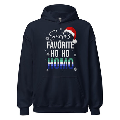 Navy MLM gay christmas hoodie with 'Santa's Favorite Ho Ho Homo' text and Santa hat graphic on a white background