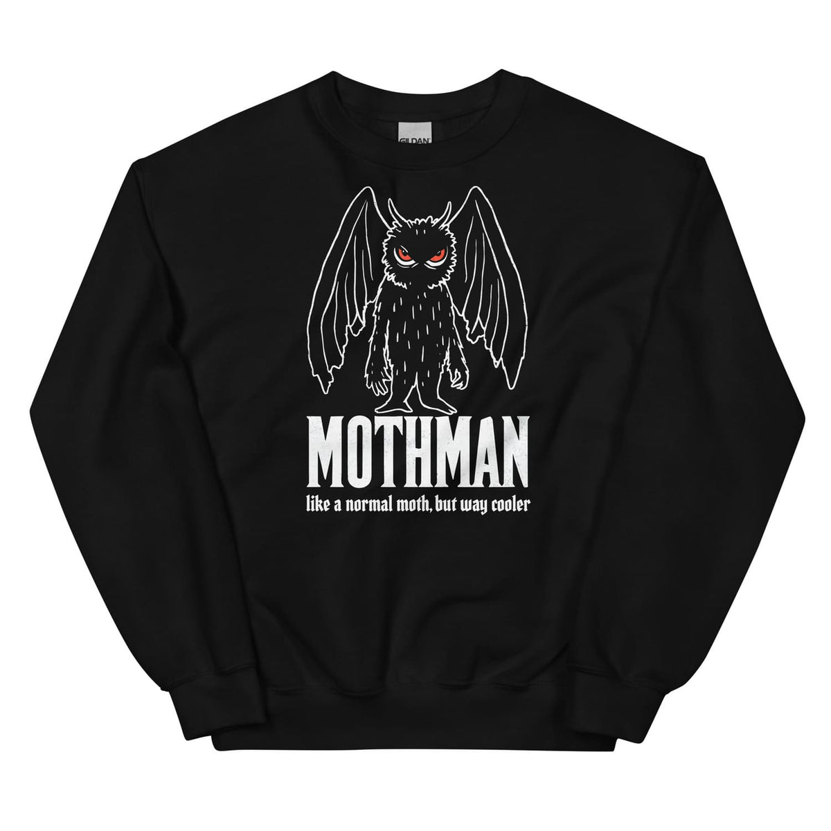 Black sweatshirt with Mothman graphic and text on a white background