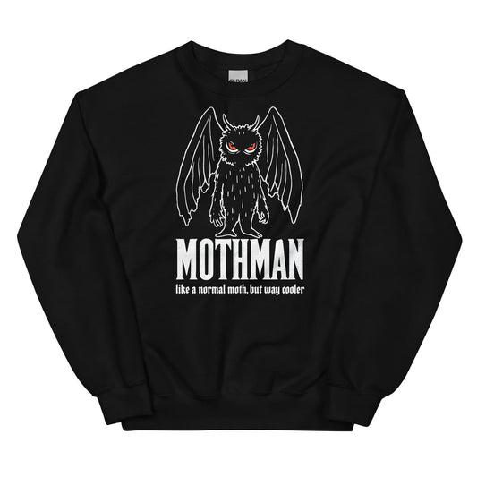 Black sweatshirt with Mothman graphic and text on a white background