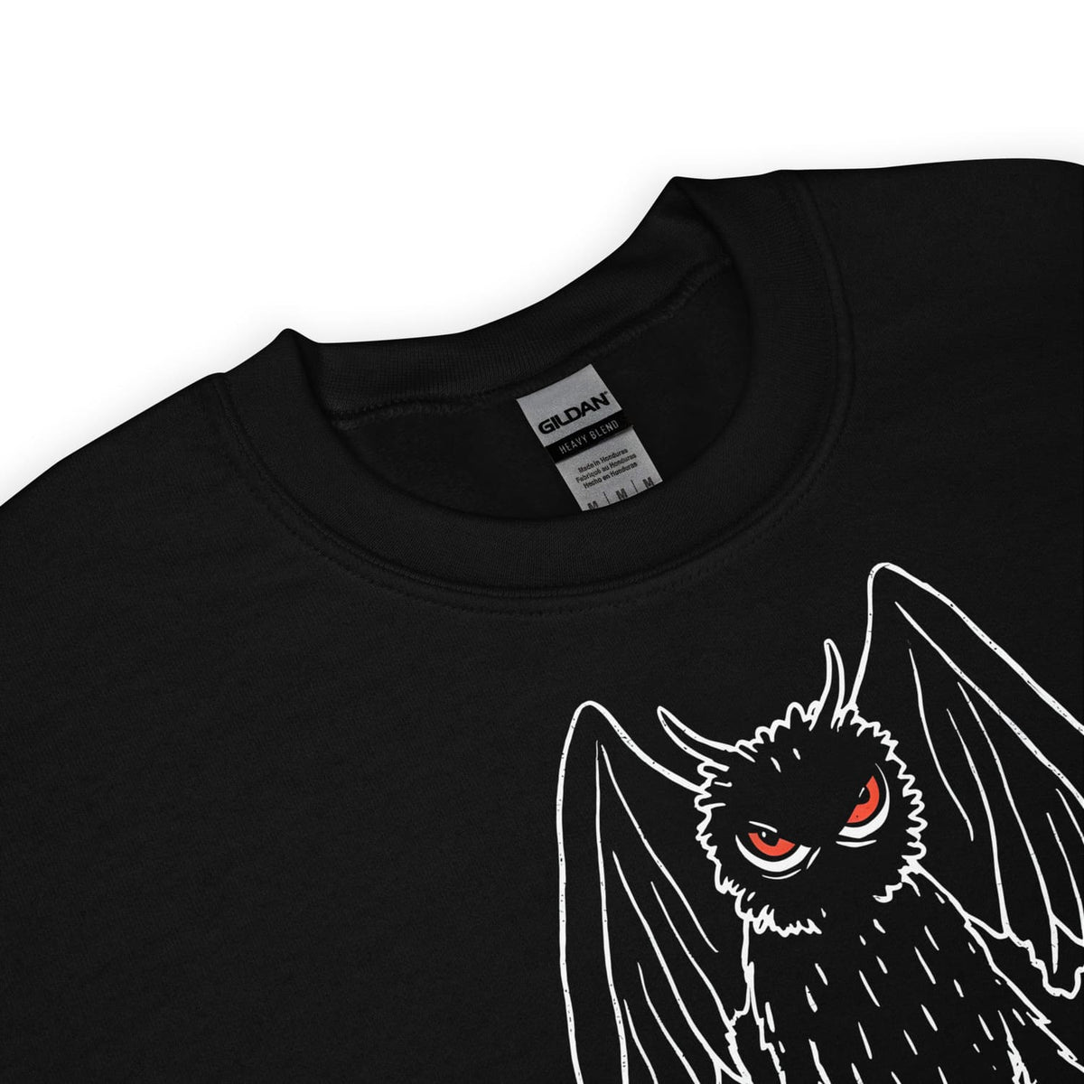 Black sweatshirt with a mothman graphic and Gildan label on a white background