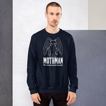 Man wearing a navy sweatshirt with Mothman graphic and text against a plain background