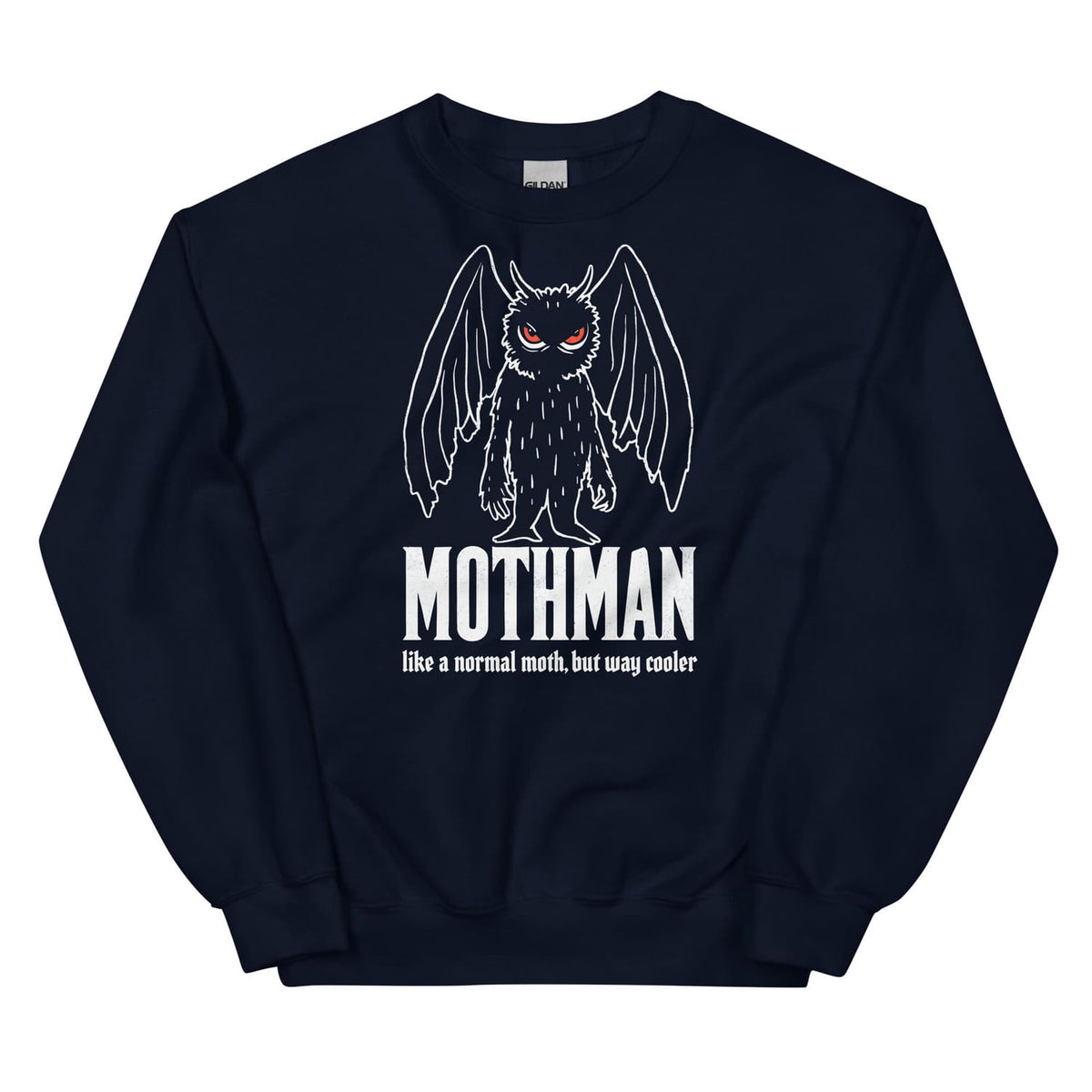 Navy sweatshirt with Mothman graphic and text on a white background