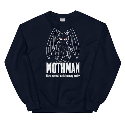 Navy sweatshirt with Mothman graphic and text on a white background