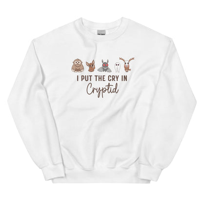 White sweatshirt with cryptid characters and text on a white background