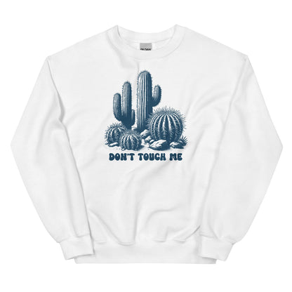 White asexual sweatshirt with a cactus graphic and 'Don't Touch Me' text on a white background